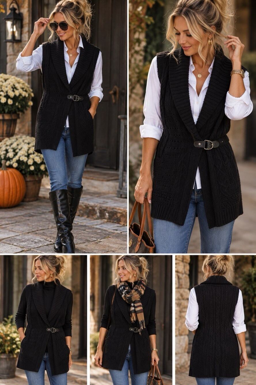Lauren Ralph Lauren Women’s Black Cable Knit Buckle Open Front Vest 2X Plus